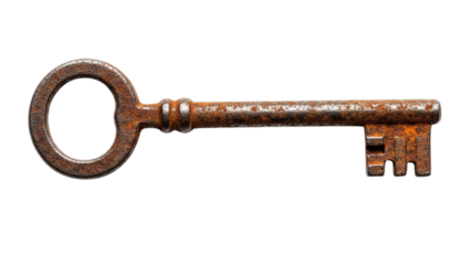 Ancient rusty vintage metal skeleton key symbolizing unlock solution security secret past isolated on transparent background