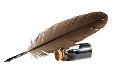 Old feather quill pen and ink bottle for classic writing art and history education isolated on transparent background