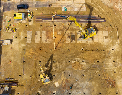 Aerial Construction Site Drilling Machine Preparing Foundations