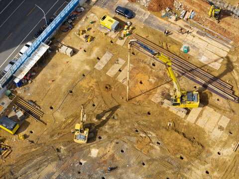 Aerial Construction Site Drilling Machine Preparing Foundations