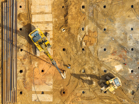 Aerial View of Construction Site Foundation Drilling