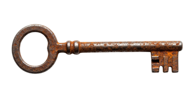 Ancient rusty vintage metal skeleton key symbolizing unlock solution security secret past isolated on transparent background