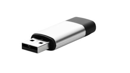 Metallic USB flash drive for portable digital data storage important file backup isolated on transparent background