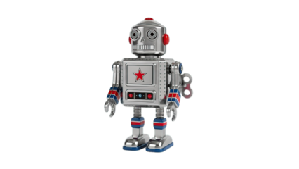 Shiny vintage tin toy robot standing proudly childhood nostalgia artificial intelligence isolated on transparent background