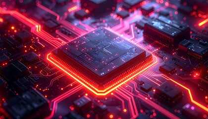 Glowing digital circuit board closeup.