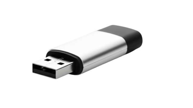 Metallic USB flash drive for portable digital data storage important file backup isolated on transparent background