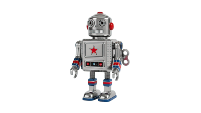 Shiny vintage tin toy robot standing proudly childhood nostalgia artificial intelligence isolated on transparent background