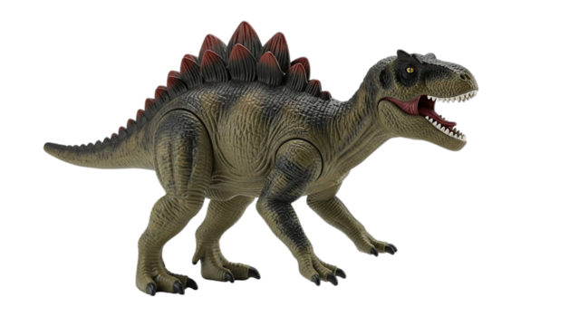 Dynamic green dinosaur toy with red spikes roaring embodying ancient power isolated on transparent background