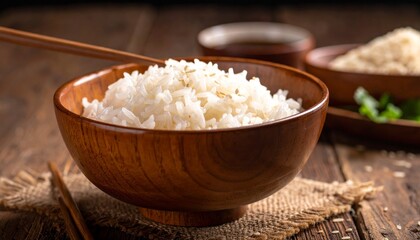 Close-up of cooked white rice in a wooden bowl with chopsticks, small bowls