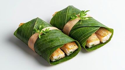 Two servings of delicious grilled fish wrapped in vibrant green banana leaves and tied with natural raffia, presented on a clean white surface for a fresh appeal.