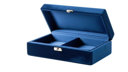 Empty elegant open blue velvet jewelry box with gold clasps luxury storage isolated on transparent background