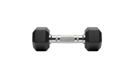 Heavy black hexagonal dumbbell for strength training and intense workout isolated on transparent background
