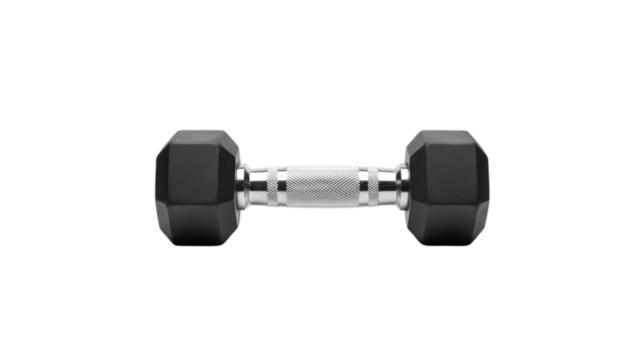 Heavy black hexagonal dumbbell for strength training and intense workout isolated on transparent background
