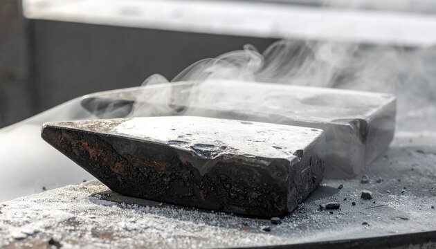Hot metal on anvil with steam.