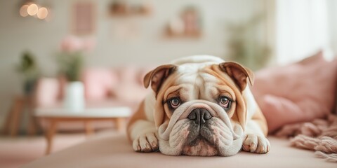 pet-friendly accommodations concept Adorable bulldog lounging on a cozy sofa.