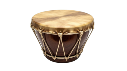 Traditional wooden hand drum with natural skin head musical instrument rhythm culture isolated on transparent background