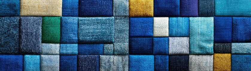 Fototapeta premium Blue denim patchwork design with fabric squares concept. Colorful textile patches arranged in a modern artistic design.