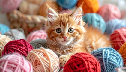 Kitten lying on colorful yarn balls.