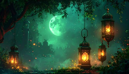 Glowing lanterns with dreamy forest, and moonlit night.