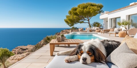 pet-friendly accommodations concept Relaxing dog by a luxury seaside pool villa.