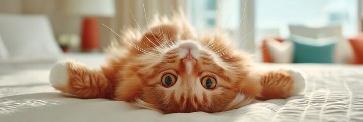 pet-friendly accommodations concept Playful orange cat lounging on a bed.