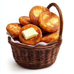 Delicious golden brown potato pancakes stacked high in a woven basket, one topped with a pat of melting butter, inviting a taste of homemade comfort food.