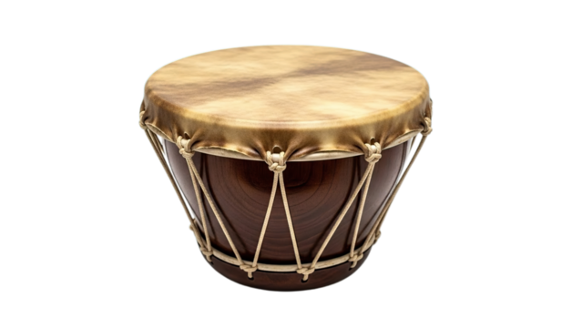 Traditional wooden hand drum with natural skin head musical instrument rhythm culture isolated on transparent background