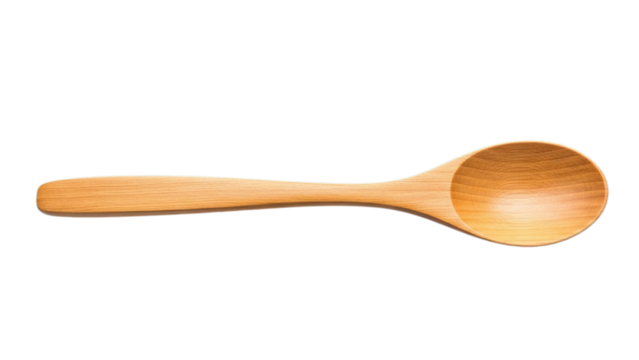 Natural eco-friendly light brown wooden spoon kitchen utensil for cooking and serving isolated on transparent background