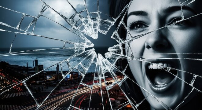Woman screaming through a shattered glass surface overlooking a dark coastal city scene