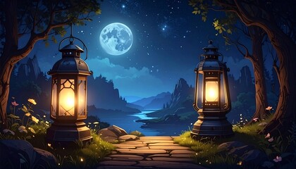 Lanterns in a moonlit forest scene.