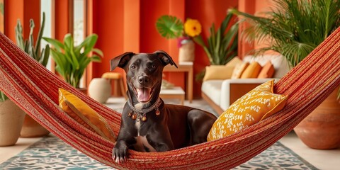 pet-friendly accommodations concept A dog relaxing in a colorful hammock indoors.