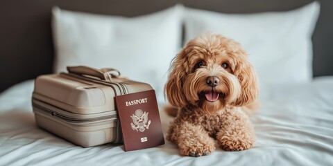 pet-friendly accommodations concept A dog with a suitcase and passport on a bed.