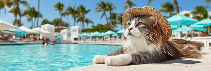 pet-friendly accommodations concept Relaxed cat lounging by a pool in a sunny resort setting.