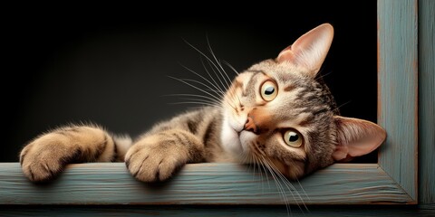 pet-friendly accommodations concept Curious cat peering from a wooden frame.