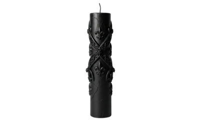 Intricate black gothic candle with skull and crossbones design for spooky Halloween rituals isolated on transparent background