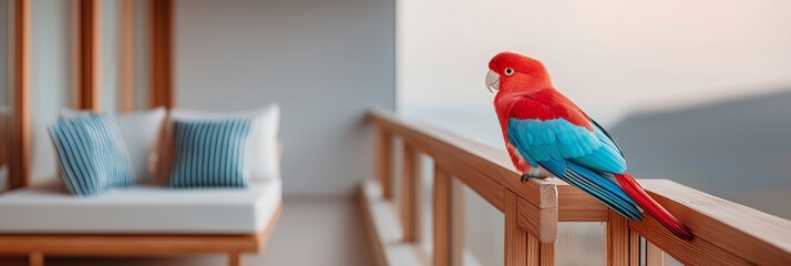pet-friendly accommodations concept Colorful parrot on a modern balcony railing.