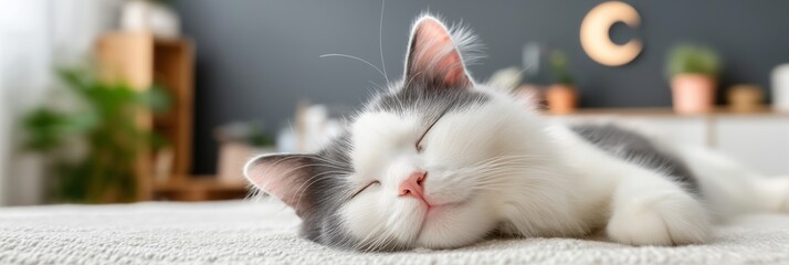 pet-friendly accommodations concept Sleeping cat on a cozy blanket in a modern setting.