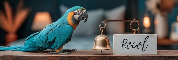 pet-friendly accommodations concept Colorful parrot beside a bell and welcome sign.