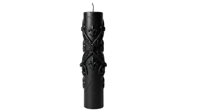 Intricate black gothic candle with skull and crossbones design for spooky Halloween rituals isolated on transparent background