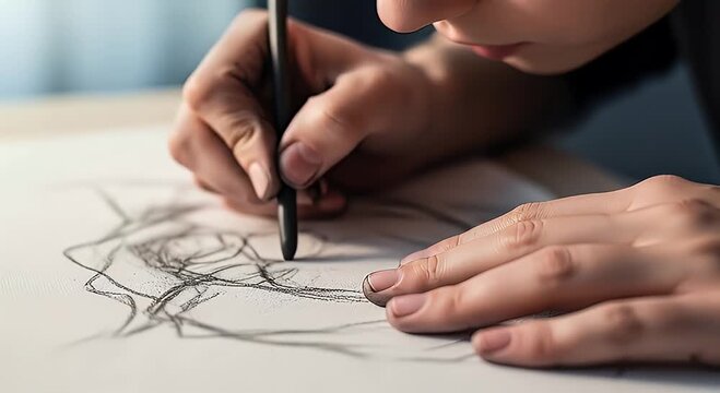 Artist sketching portrait detail with pencil on paper close up