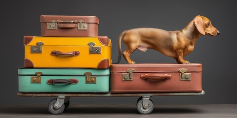 pet-friendly accommodations concept Dog standing on colorful suitcases in a creative arrangement.