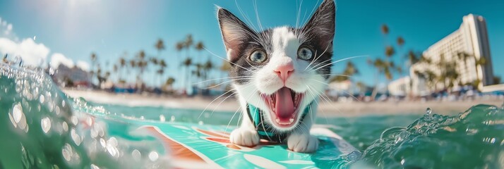 pet-friendly accommodations concept Surfing kitten enjoying the waves at a sunny beach.