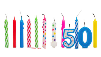 Vibrant multicolored birthday candles including number 50 for anniversary celebration party isolated on transparent background