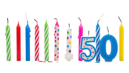 Vibrant multicolored birthday candles including number 50 for anniversary celebration party isolated on transparent background