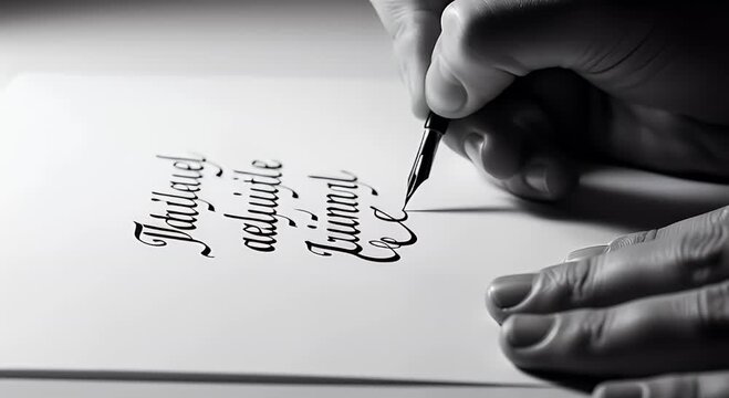 Close up of hand writing calligraphic script with ink pen on paper