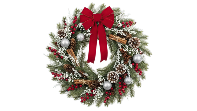 Festive snowy Christmas wreath with red bow silver ornaments pine cones berries isolated on transparent background
