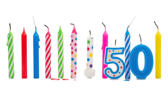 Vibrant multicolored birthday candles including number 50 for anniversary celebration party isolated on transparent background