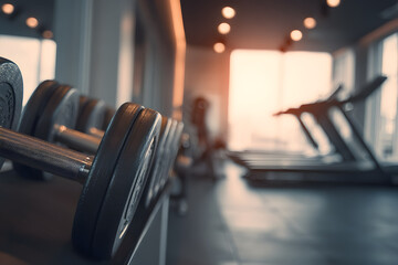 Fototapeta premium A soft-focus gym scene showcasing out-of-focus dumbbells in the foreground and a treadmill subtly blurred in the background