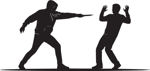 Criminal threatening victim with knife silhouette. Street robber attacking scared man, mugging scenario, and violence concept vector illustration.