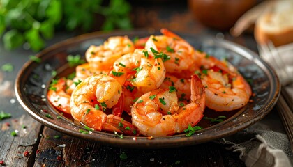 Grilled shrimp with herbs on a plate.